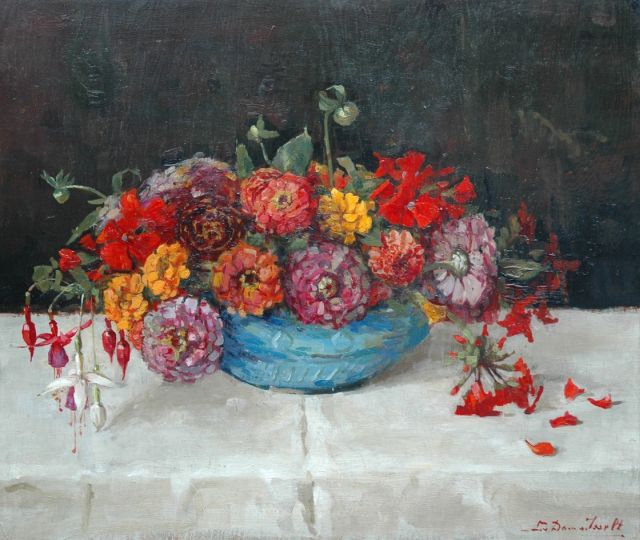 Lucie van Dam van Isselt | Still life with zinnia and fuchsia, oil on panel, 46.8 x 55.6 cm, signed l.r.