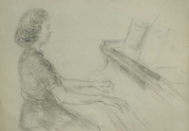 Elie Neuburger | Woman playing the piano, sketch, charcoal on paper, 55.8 x 76.8 cm