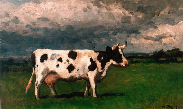 Roelofs W.  | A cow, oil on canvas laid down on panel 26.7 x 44.0 cm, signed l.r.