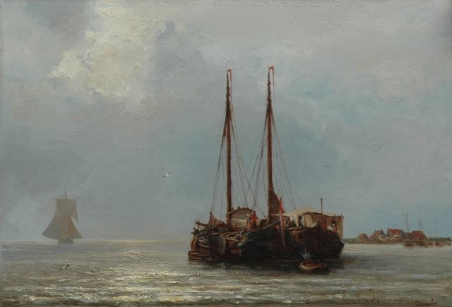 Jacob Eduard van Heemskerck van Beest | Anchored sailing vessels in a calm, oil on panel, 34.3 x 50.1 cm, signed l.r.