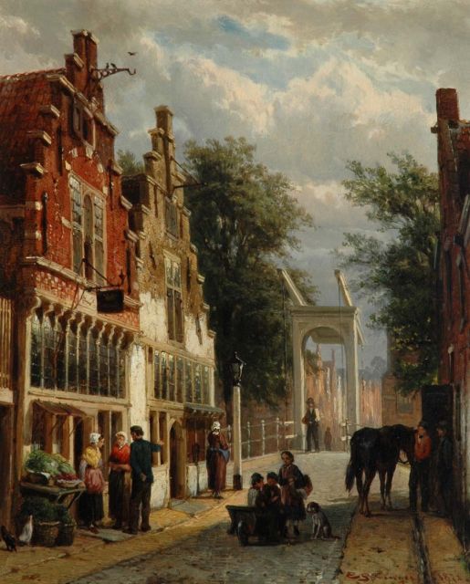 Cornelis Springer | Dutch sunny street scene in Alkmaar, oil on panel, 30.1 x 24.7 cm, signed l.r. and verso and dated 1872