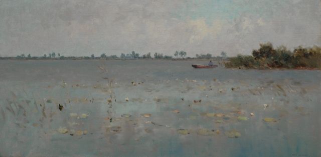 Knikker A.  | Man in a boat on a lake, oil on canvas 40.5 x 80.4 cm, signed l.r.