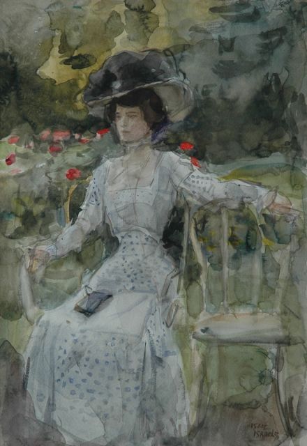 Isaac Israels | An elegant lady in a park, watercolour on paper, 51.0 x 36.0 cm, signed l.r.