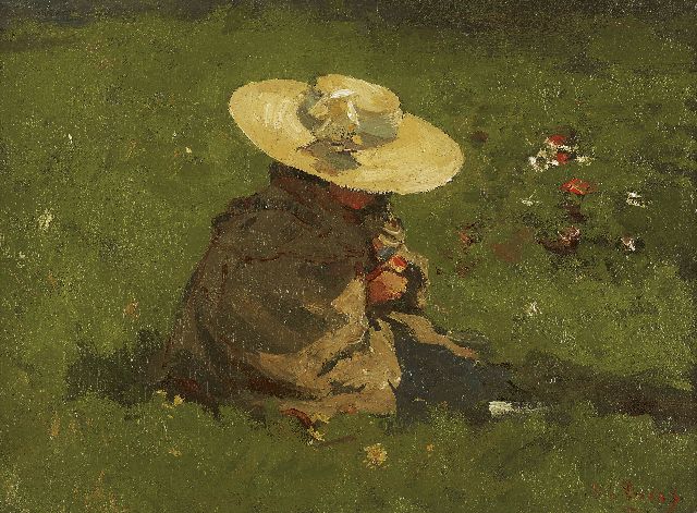 Zwart W.H.P.J. de | Marietje, the artist's daughter, in a garden, oil on canvas laid down on panel 27.0 x 35.7 cm, signed l.r. and painted ca. 1895