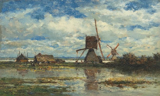 Willem Roelofs | Two windmills in the Stolwijk polder (near Gouda), oil on panel, 14.8 x 24.0 cm, signed l.l. and painted ca. 1872-1875