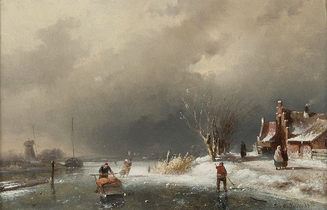 Leickert C.H.J.  | A cold winter's day, oil on panel 18.5 x 28.1 cm, signed l.r. and dated '61