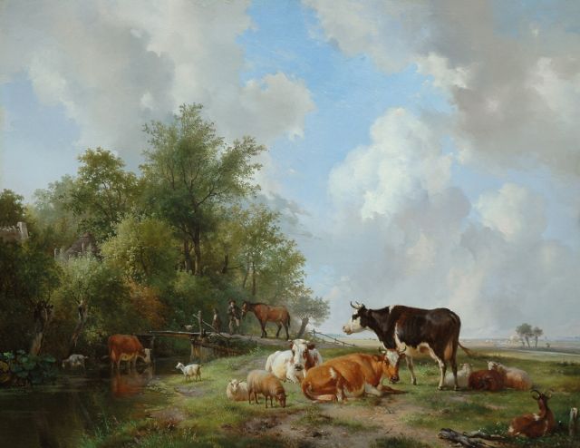 Hendrikus van de Sande Bakhuyzen | Cattle on the edge of a forest in an extensive sunlit landscape, oil on panel, 59.9 x 77.8 cm, signed l.r. and dated 1838