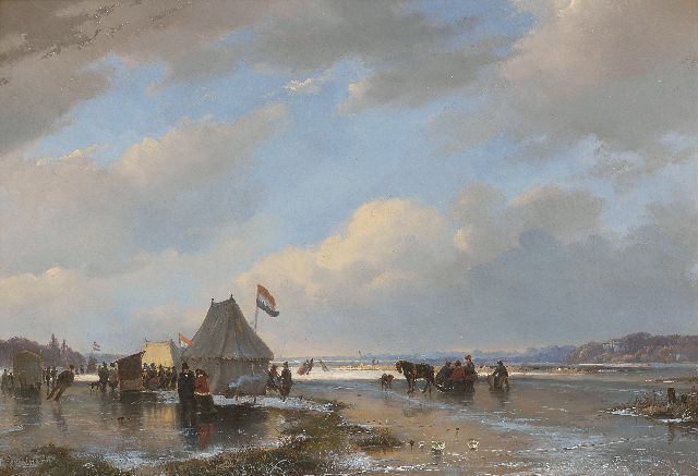 Breuhaus de Groot F.  | Skaters on the ice near a koek-en-zopie, oil on panel 25.6 x 36.3 cm, signed l.l.