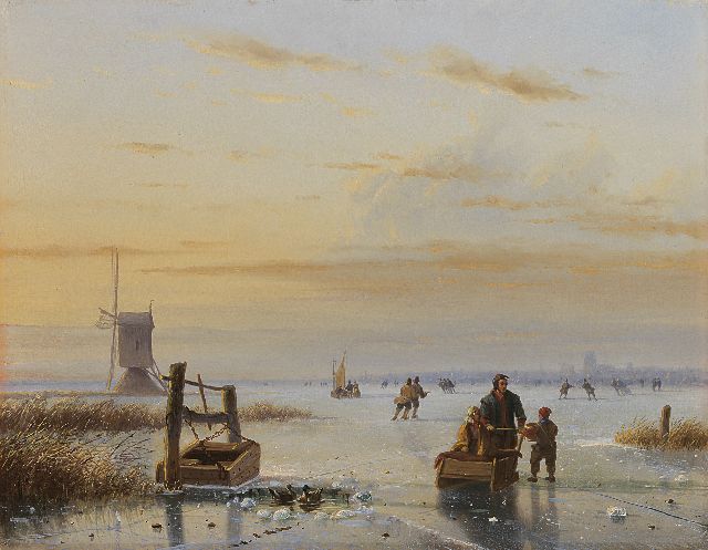 Roosenboom N.J.  | Skaters on a frozen river, oil on panel 32.9 x 42.5 cm, signed l.r.