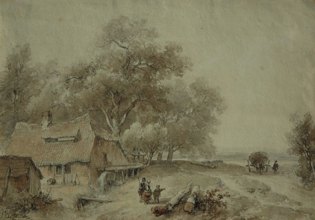 Andreas Schelfhout | Landscape with figures near a watermill, pen, ink and watercolour on paper, 25.4 x 36.5 cm, signed l.l.