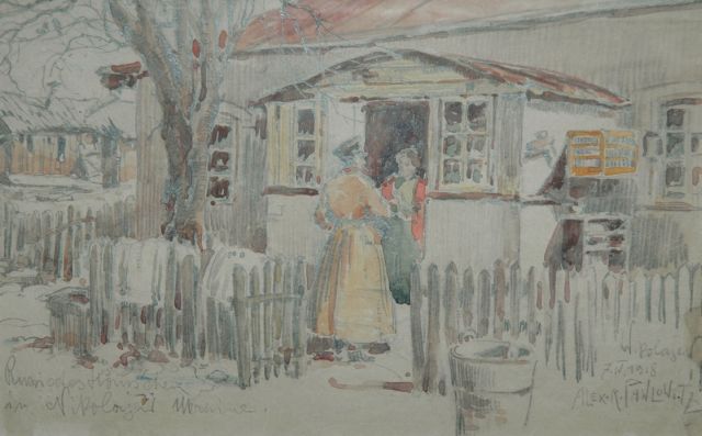 Pawlowitz A.  | A Russian house in Nikolajew, pencil and watercolour on paper 13.0 x 21.0 cm, signed l.r. and dated 'Nikolajew 7 IV 1918'