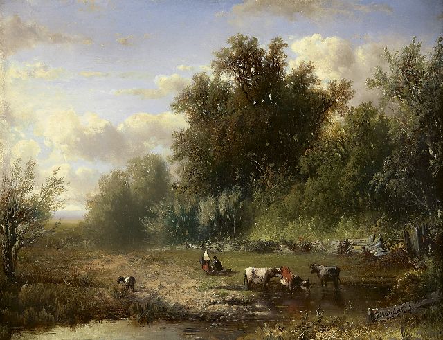 Hendriks F.H.  | Cattle and resting figures, oil on canvas laid down on panel 37.9 x 49.4 cm, signed l.r.