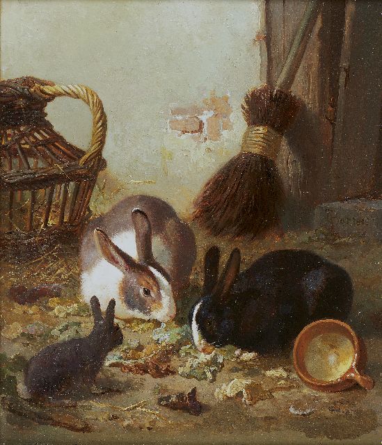 Gerardus Johannes Bos | Rabbits, oil on panel, 20.8 x 17.6 cm, signed r.c. and dated 1866