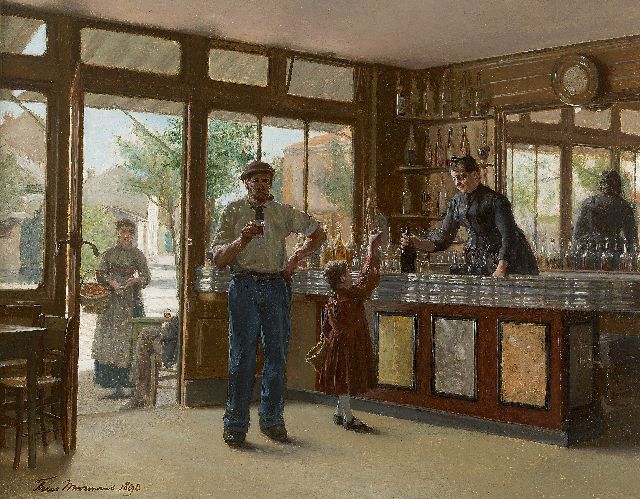 Moormans F.L.J.  | Au comptoir, oil on panel 36.7 x 46.1 cm, signed l.l. and dated 1890