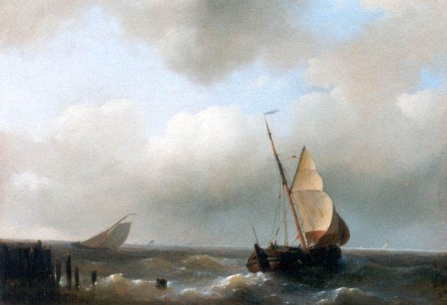 Hulk A.  | Sailing vessels in full sail near the coast, oil on panel 15.3 x 20.9 cm