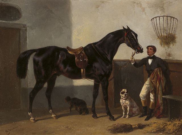 Verschuur W.  | A jockey with a racehorse in a stable, oil on panel 27.7 x 37.2 cm, signed l.l.