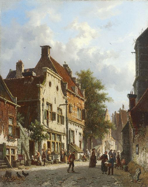 Adrianus Eversen | Busy Dutch street scene, oil on panel, 38.6 x 30.8 cm, signed l.l. with monogram