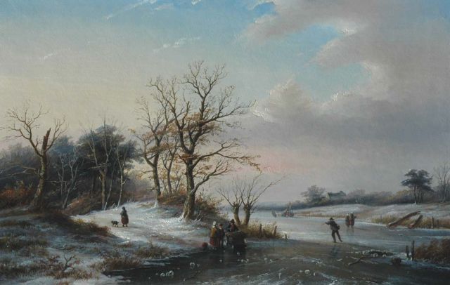 Spohler J.J.  | Winter landscape with skaters on the ice, oil on panel 57.1 x 88.1 cm