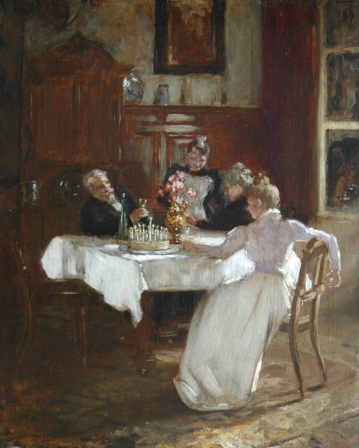 Hugo Crola | The birthday party, oil on canvas, 59.5 x 48.1 cm, painted circa 1898