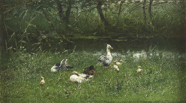 Willem Maris | Ducks and ducklings by the waterside, oil on canvas, 23.5 x 41.3 cm, signed l.l.