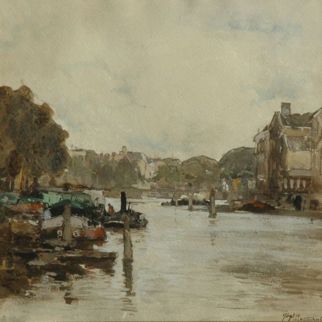 Johan Hendrik van Mastenbroek | Moored boats in a canal in a Dutch town, watercolour on paper, 25.5 x 25.5 cm, signed l.r. and dated Sept. '99
