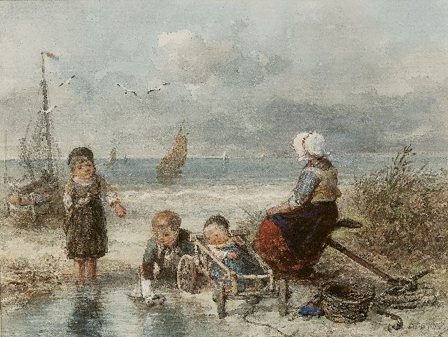 Kate J.M.H. ten | Fisherman's wife and her children on the beach, watercolour on paper 20.6 x 28.3 cm, signed l.r.