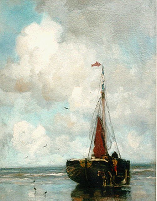 Jacob Maris | 'Bomschuit' on the beach, Scheveningen, oil on canvas, 104.2 x 77.5 cm, signed l.r.