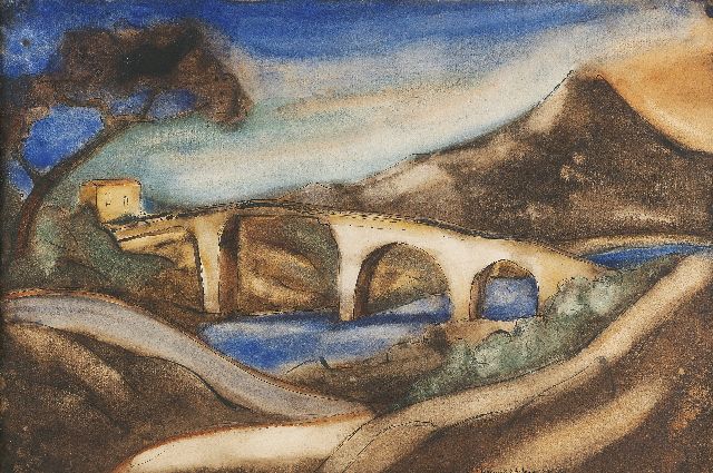 Lodewijk Schelfhout | The bridge, ink, chalk and watercolour on paper, 34.4 x 51.0 cm, signed l.r. and painted '1920 Corse'