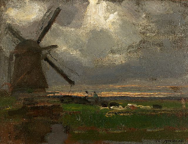 Mondriaan P.C.  | The 'Broekzijdse Molen' along the Gein, oil on canvas laid down on panel 34.6 x 46.3 cm, signed l.r. and painted ca. 1905