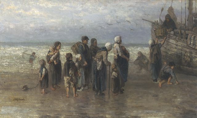 Jozef Israëls | Unloading the catch, oil on canvas, 43.0 x 70.5 cm, signed l.l.