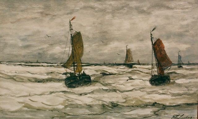 Hendrik Willem Mesdag | 'bomschuiten' offshore, watercolour on paper, 30.5 x 51.5 cm, signed l.r.