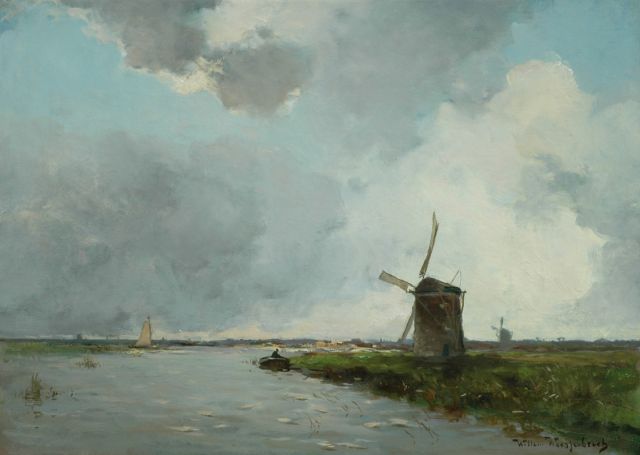 Weissenbruch W.J.  | Windmill in a polder landscape, oil on canvas 40.1 x 56.4 cm, signed l.r.