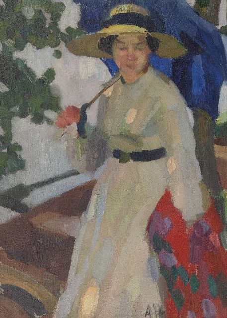 Höfer A.  | A lady with a straw hat and parasol, oil on canvas laid down on board 63.3 x 45.8 cm, signed r.c. with initials and painted ca. 1910