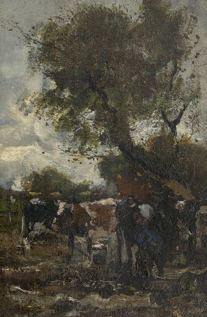 Willem George Frederik Jansen | Milking time, oil on canvas laid down on panel, 41.1 x 27.3 cm, signed l.r.