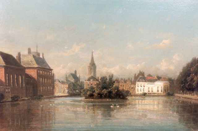 Johannes Josephus Destrée | A view of the 'Hofvijver', The Hague, oil on panel, 13.0 x 19.0 cm, signed l.r.