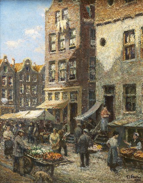 Staller G.J.  | Busy markt scene, Amsterdam, oil on canvas laid down on panel 23.6 x 18.4 cm, signed l.r. and dated 1912