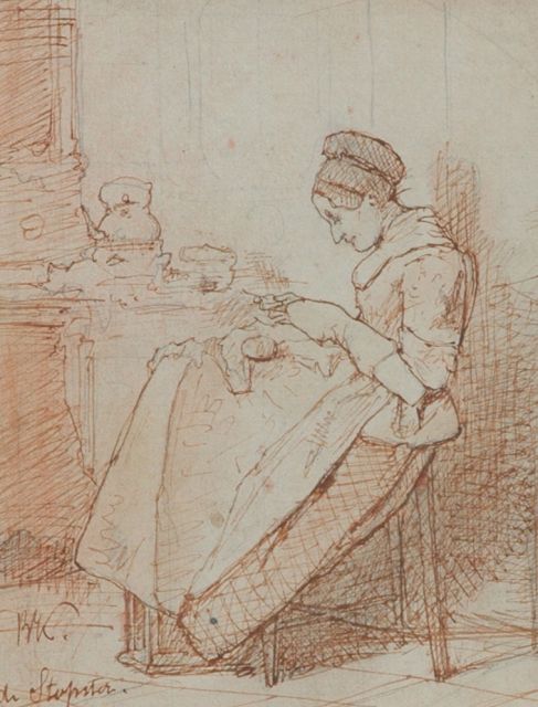 Bakker Korff A.H.  | A woman mending, pencil, pen in brown ink on paper 16.1 x 12.4 cm, signed l.l. with initials