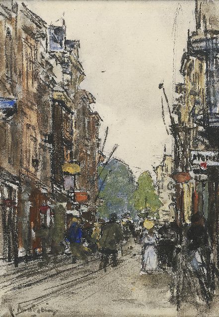 Floris Arntzenius | Figures in the Spuistraat, The Hague, black chalk and watercolour on paper, 18.7 x 13.2 cm, signed l.l.