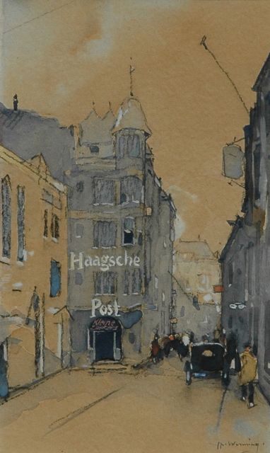 Ype Wenning | Figures on a street in The Hague, black chalk and watercolour on paper, 18.8 x 11.1 cm, signed l.r. and painted circa 1929