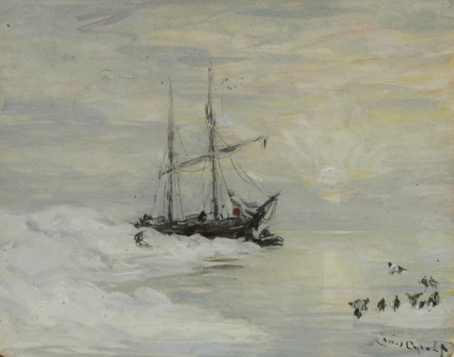 Apol L.F.H.  | The Willem Barents near Spitsbergen, at sunset, pencil and gouache on paper 10.3 x 12.8 cm, signed l.r.