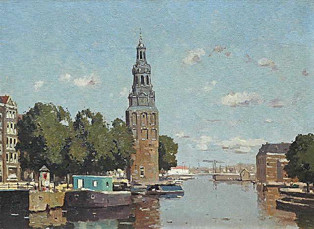 Jeveren G. van | View of the Montelbaanstoren, Amsterdam i.o., oil on canvas 30.3 x 40.5 cm, gesigneerd r.o. (resten)