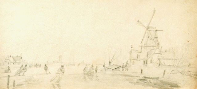 Meijier A.A. de | Skaters on a frozen river, pencil on paper 15.5 x 32.5 cm