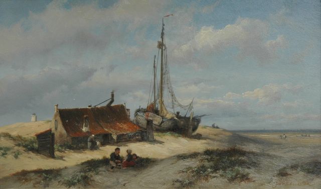 Koekkoek J.H.B.  | Playing children in the dunes, oil on panel 24.2 x 41.0 cm, signed l.r.