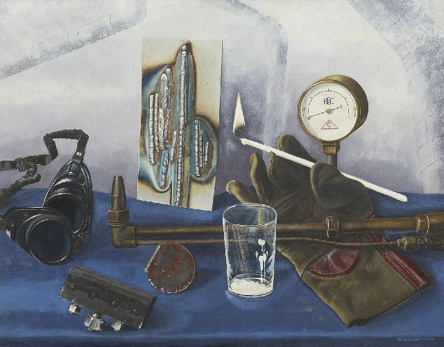 Postma C.J.  | Still life with welding attributes, oil on paper 38.0 x 47.9 cm, signed l.r. and painted circa 1956