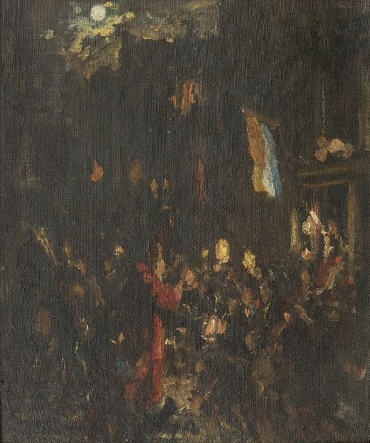 Staller G.J.  | Celebrating Sint Nicolaas in Amsterdam, oil on canvas laid down on board 29.4 x 25.0 cm, signed l.l.