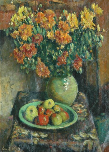 Moll E.  | Still life with flowers and fruit, oil on canvas 80.0 x 60.0 cm, signed l.l.