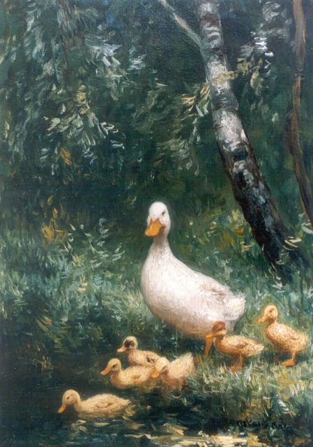 Constant Artz | Hen with ducklings watering, oil on panel, 18.1 x 13.1 cm, signed l.r.