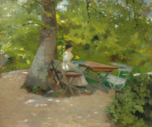 Amédée Degreef | A young woman reading in the garden, oil on canvas, 50.4 x 60.2 cm, signed l.r. and dated 1919