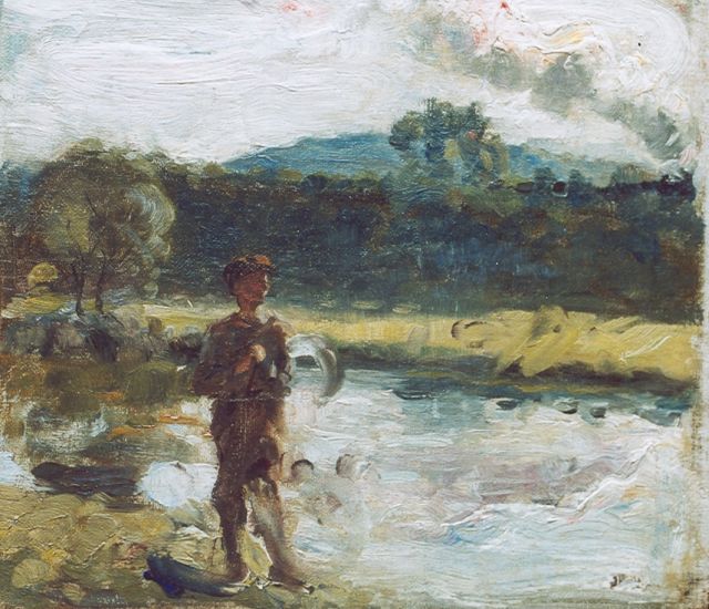 Maris J.H.  | Farmer in a summer landscape, a steam-train in the distance, oil sketch on canvas laid down on panel 22.7 x 25.7 cm