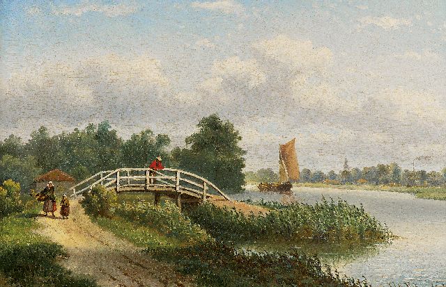 Hilverdink J.J.A.  | A summer landscape with figures along the river, oil on panel 24.6 x 36.0 cm, signed l.r.
